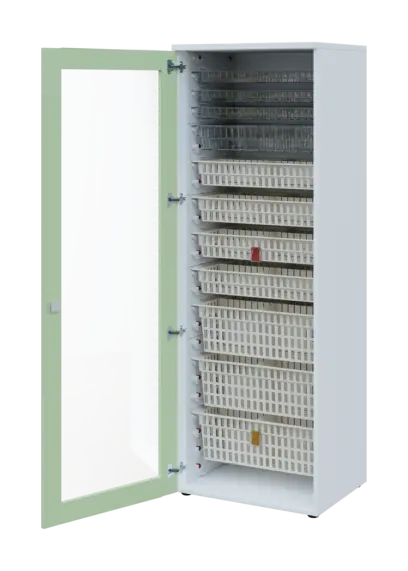 EUROMEDICA S - 66 skříň léková boxová, 1-dveřová/prosklená, levá, 1950x660x535, korpus bílý, dvířka šedo-zelinkavá